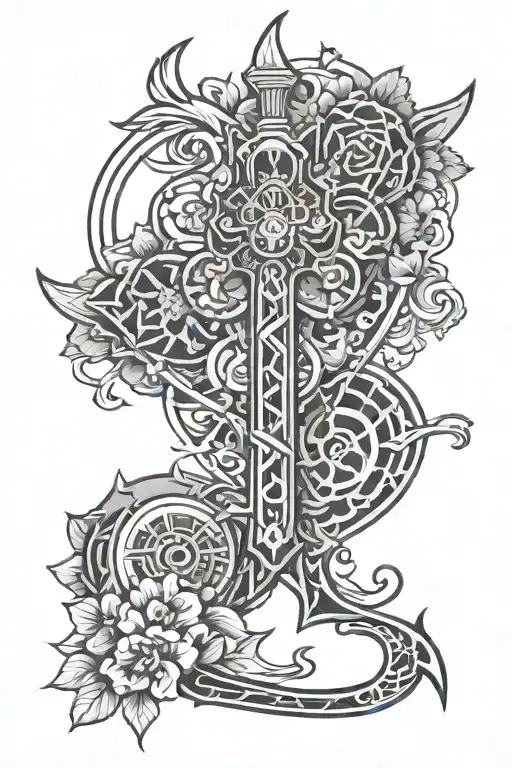Okami Demon Keyblade Line Art with a giant kingdom hearts heart symbol behind the keyblade with Japanese flowers  tattoo design idea