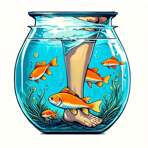 A person’s leg from an ankle to a knee is an aquarium where fish swim, inside the bone tattoo design idea