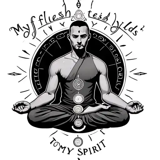 "My flesh yields to my spirit" a Fit man meditating monk aligned with chakras tattoo design idea