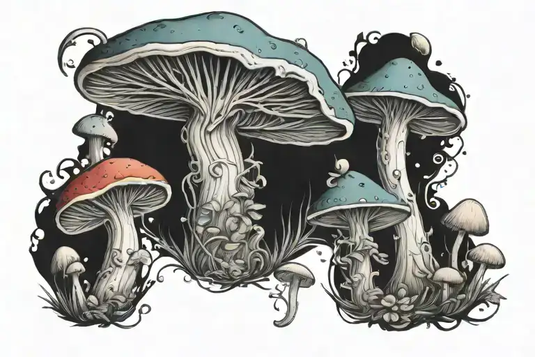 a band tattoo combining different sizes mushrooms, fairies and asymmetrical shapes  tattoo design idea