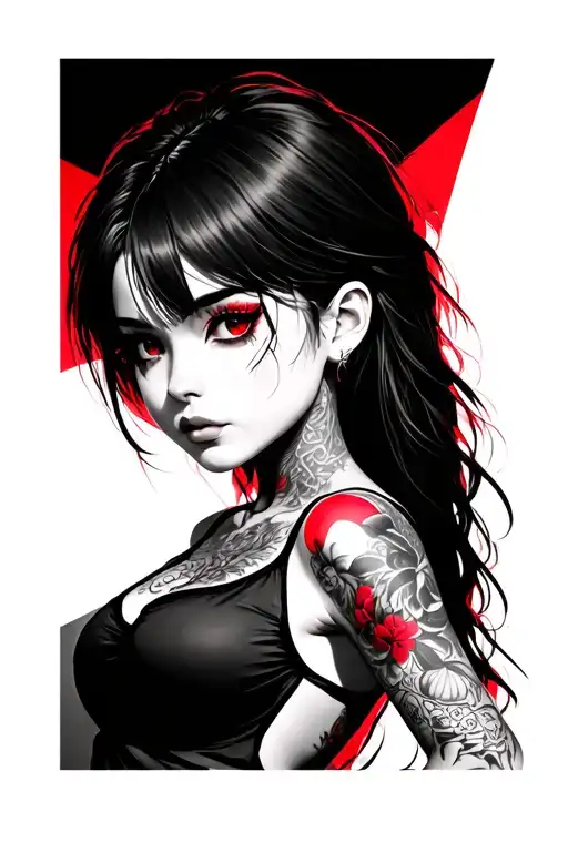 3d sexy anime girl side profile with tattoos long hair. black and white image.  with red tattoos tattoo design idea