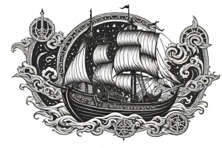 A viking ship sailing towards a nova star wars aurebesh world beetween tattoo design idea