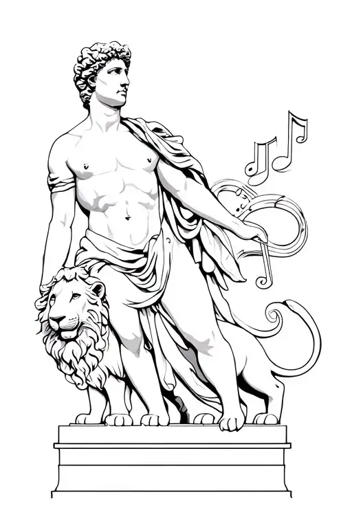 Augustus ceasar statue with lions and music notes tattoo design idea