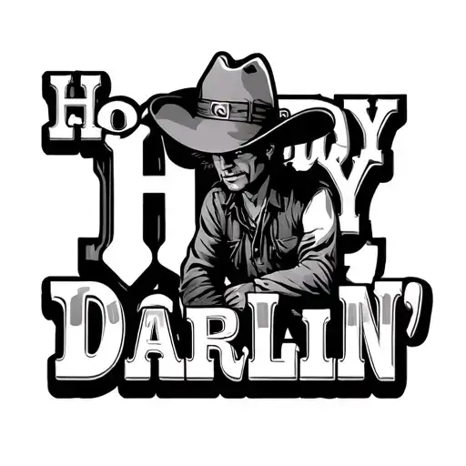 HOWDY DARLIN' in western font with top half of letters shaded and a cowboy leaning against the side of the H tipping hat tattoo design idea