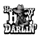 HOWDY DARLIN' in western font with top half of letters shaded and a cowboy leaning against the side of the H tipping hat tattoo design idea
