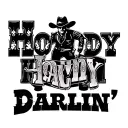 HOWDY DARLIN' in western font with top half of letters shaded and a cowboy leaning against the side of the H tipping hat tattoo design idea
