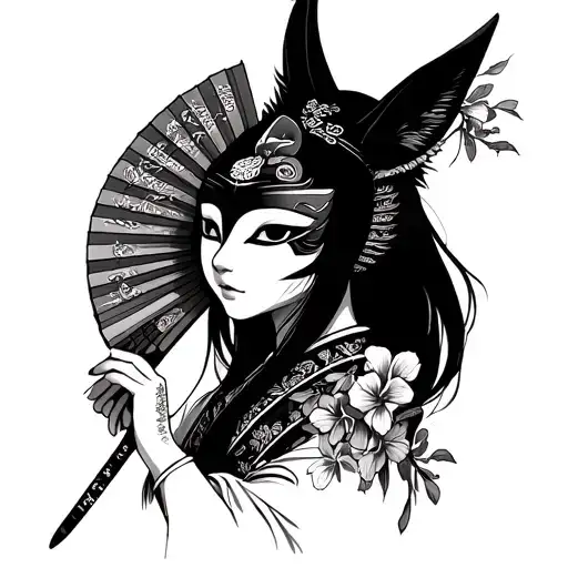 japanese samurai woman wearing a kitsune mask and holding a fan with irises flowers tattoo design idea