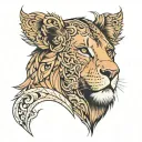 women facing and turning to the side, leo symbol on the froehead and lion scar across her eye with a heart tattoo near  tattoo design idea