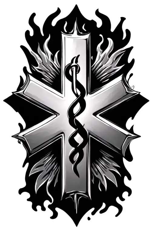 firefighting Maltese cross, star of life, hesrtbeat line tattoo design idea