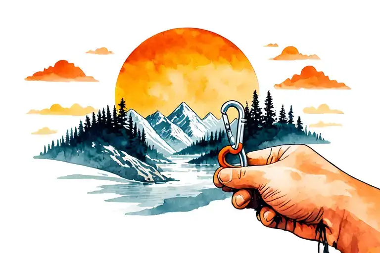 left hand holding opened carabiner, canyon mountain inside, snow on top of mountains, sun, trees moutnain river, climber tattoo design idea