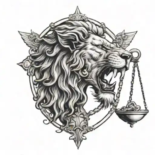 lion head biting scales of justice tattoo design idea
