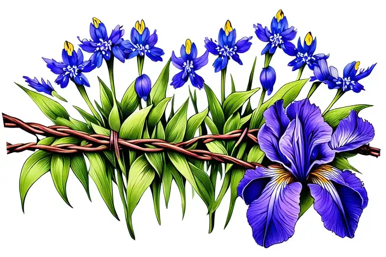 barbed wire with bluebonnets blooming on top and purple iris blooming on the bottom  tattoo design idea