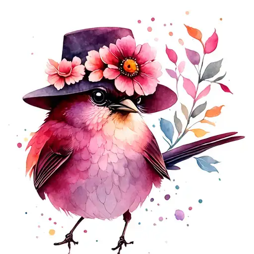 maroon bird wearing a hat with flowers tattoo tattoo design idea