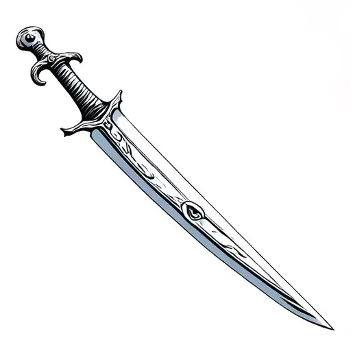 Laughing Sword	•	Concept: A slim, elegant sword, but the handle is a laughing face or has a smile carved into it. tattoo design idea