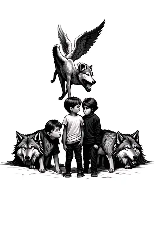 two kids on in the middle of evil two wolves with a angel behind tattoo design idea