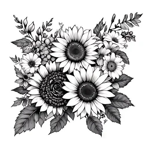  tattoo design with a sunflower, black-eyed Susan, a daisy, Foxglove, a rose, chrysanthemum, peony, and woodland s tattoo design idea
