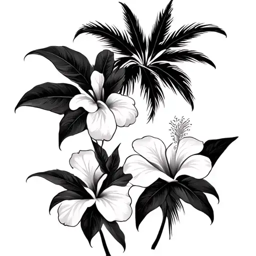 palm branches and hibiscus flowers and large black leaves tattoo design idea