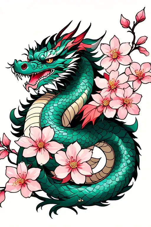 Cherry blossoms with a japanese dragon wrapped between them tattoo design idea