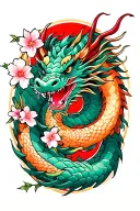 Cherry blossoms with a japanese dragon wrapped between them tattoo design idea