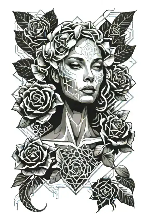 nude woman, covered by roses tattoo design idea