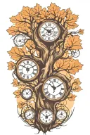 oak tree branches with three clocks integrated into it for an arm sleeve tattoo design idea