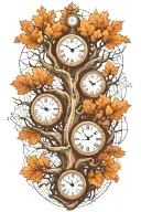 oak tree branches with three clocks integrated into it for an arm sleeve tattoo design idea