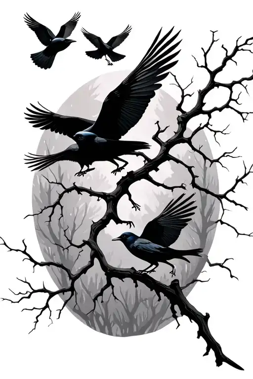 leafless tree branch with crows flying tattoo design idea
