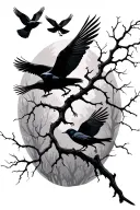 leafless tree branch with crows flying tattoo design idea