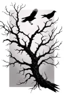 leafless tree branch with crows flying tattoo design idea