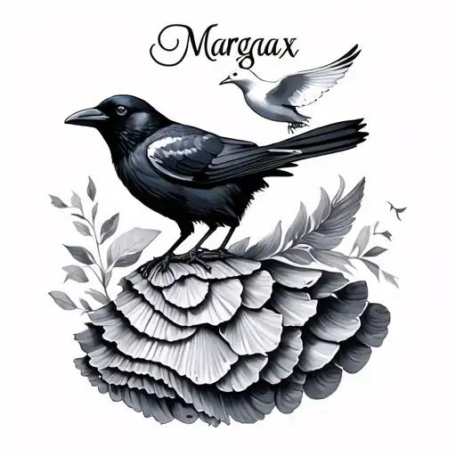 A crow and a dove that flies away with a dress of shells with the first name Margaux tattoo design idea