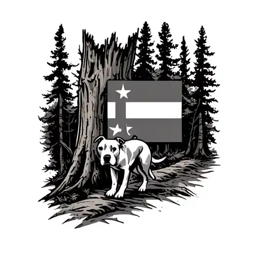 a pitbull walking on a trail, in the woods, with trees, the Tennessee flag carved into a tree tattoo design idea