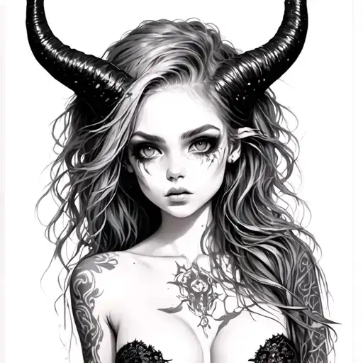 Sexy Pale Girl, Petite, Big Boobs, Wide Hips, G-string. Messy Hair, Demonic Horns, Sexual.... Tattoo tattoo design idea