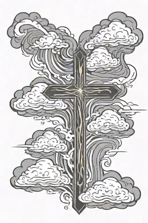 cross clouds fire rain tattoo design idea