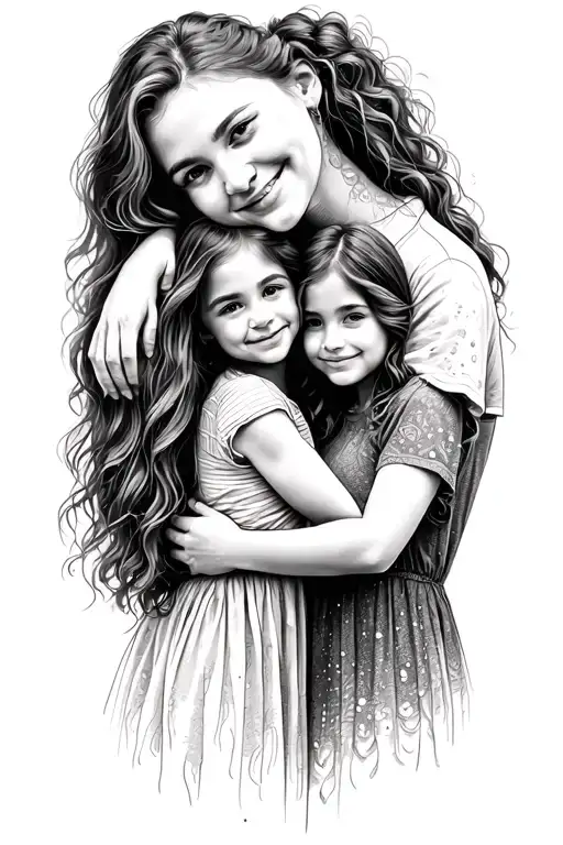 Mom hugging 2 daughters tattoo design idea