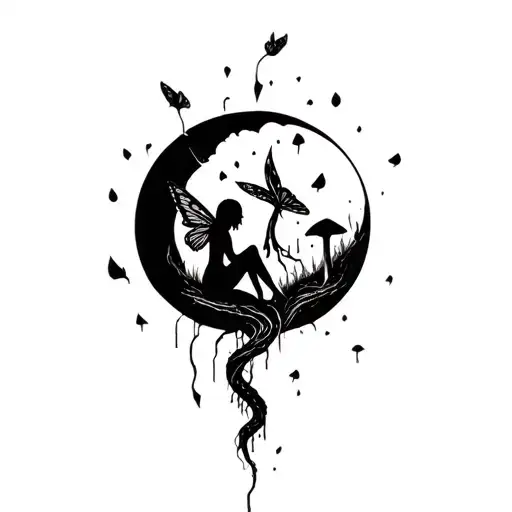  shadow fairy sitting on long twisted mushrooms inside a broken skull tattoo design idea