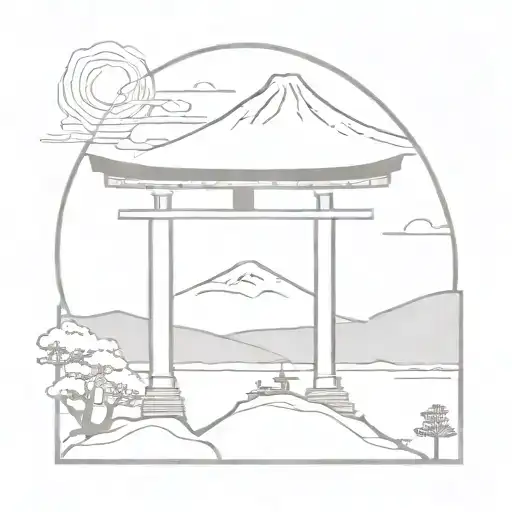 torii gate with mt Fuji and Shinto shrine  minimalistic tattoo design circle tattoo design idea