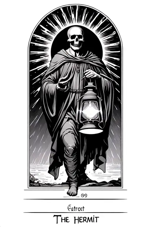 The hermit tarot card walking in darkness holding lantern with rays eminating from lantern. The hermith as a skull face tattoo design idea
