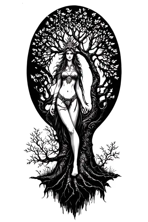 sexy freya norse goddes connecting on tree growing, body is made parth of tree, no nude tattoo design idea