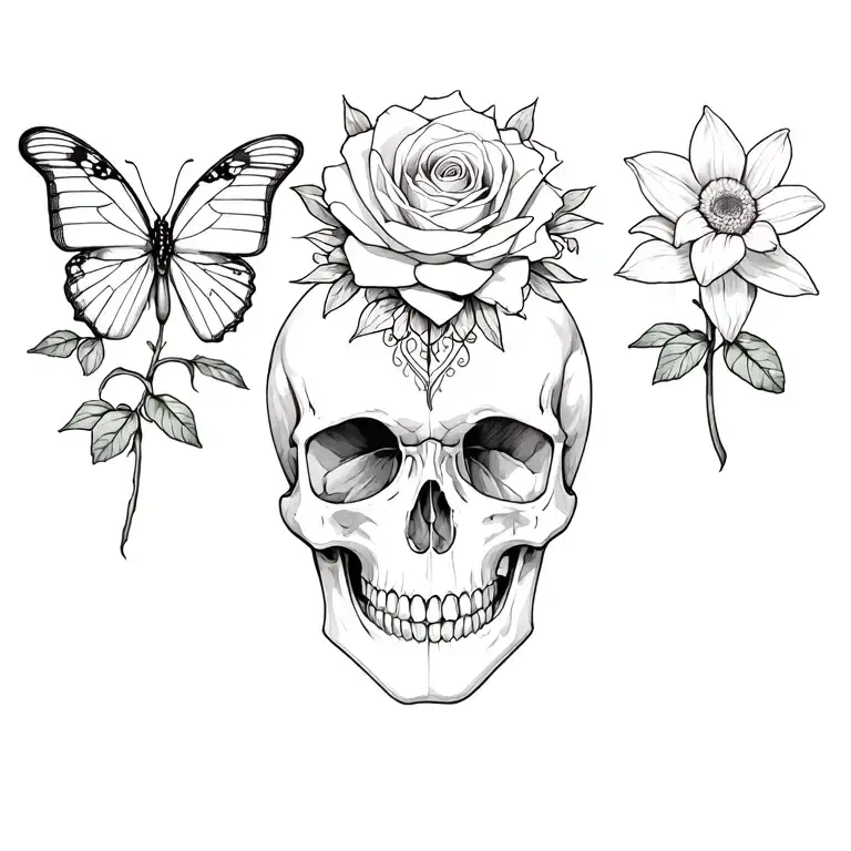 Design a tattoo with Memento mori, memento vivere and half skull half  butterfly flowers rose daisy water Lilly narcissi tattoo design idea