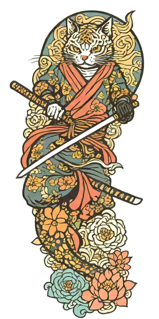ninja cat holding katana, tail, water, waves, lotus, sakura, clouds, whirlpool, leaves, peony tattoo design idea