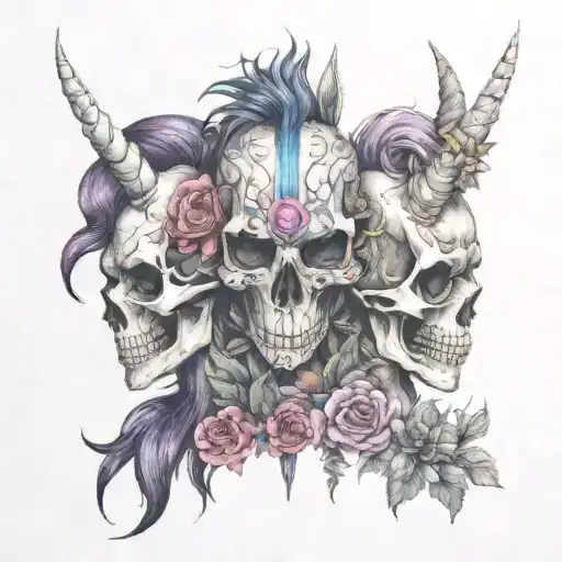 totem skuls facing different ways on top of each other. 1 is a punk rocker 2 has flowers and 3  has unicorn horn tattoo design idea