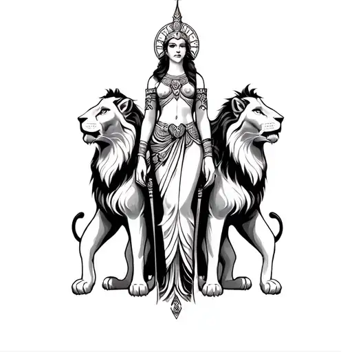 goddess ishtar full body standing on two lions tattoo design idea