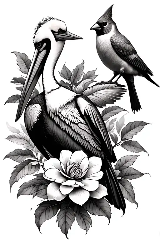 Pelican+cardinal+camelia+hummingbird tattoo design idea