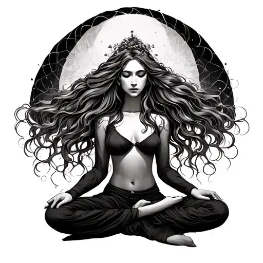 A mysterious woman with long and wavy hair in a meditative pose. The veil and the shadows around tattoo design idea