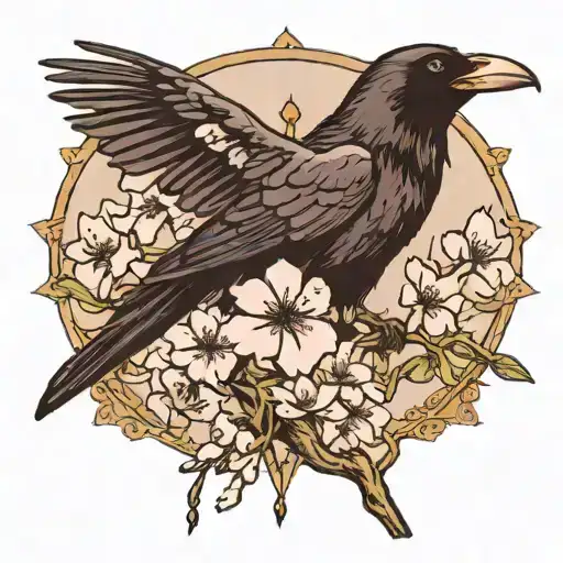 raven, cherry blossoms, strength tarot card tattoo design idea
