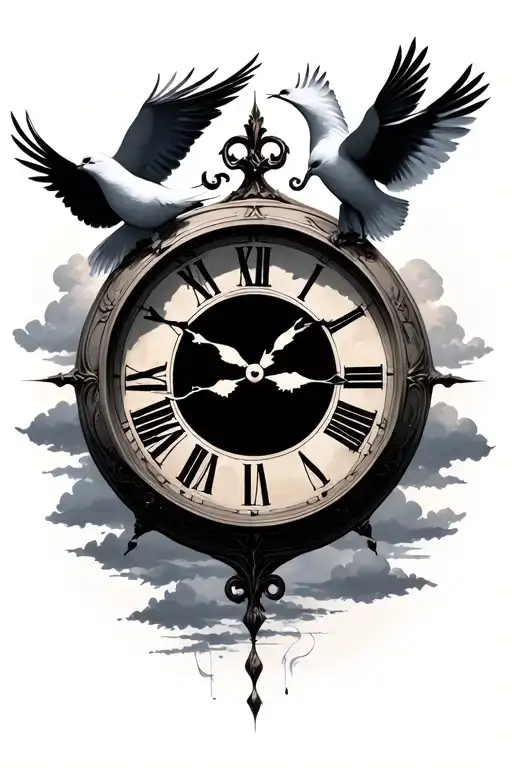 a clock w like a sky n two doves tattoo design idea