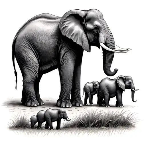 line of elephants linked by tails. one female adult, following by one male teenager and three little elephants tattoo design idea