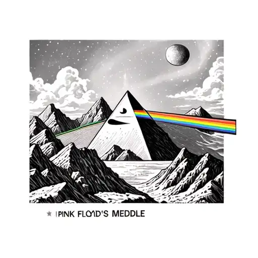 pink floyd's meddle album art over mountains and space and all the stars glowing in the sky tattoo design idea