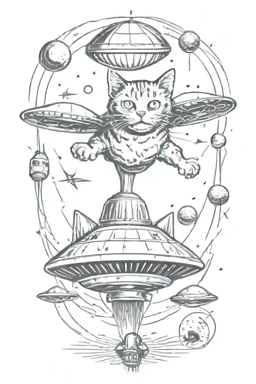 A cat abducted by a ufo sucking tattoo design idea