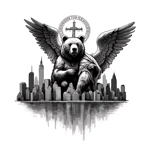 saint michael and bear and NYC skyline tattoo design idea